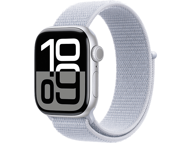 Apple Watch Series 10 (2024), GPS, 42 mm, Gesto de doble toque, Caja aluminio plata, Correa Loop deportiva Azul nube