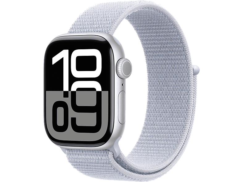 Apple Watch Series 10 (2024), GPS + Cellular, 42 mm, Gesto de doble toque, Caja aluminio plata, Correa Loop deportiva Azul nube