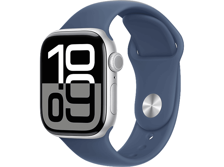 Apple Watch Series 10 (2024), GPS, 42 mm, Gesto de doble toque, Caja aluminio plata, Correa deportiva Azul denim, Talla S/M