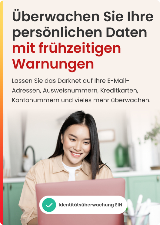 Frau lächelt auf einen Laptop-Bildschirm mit Grafik zur Identitätsüberwachung.