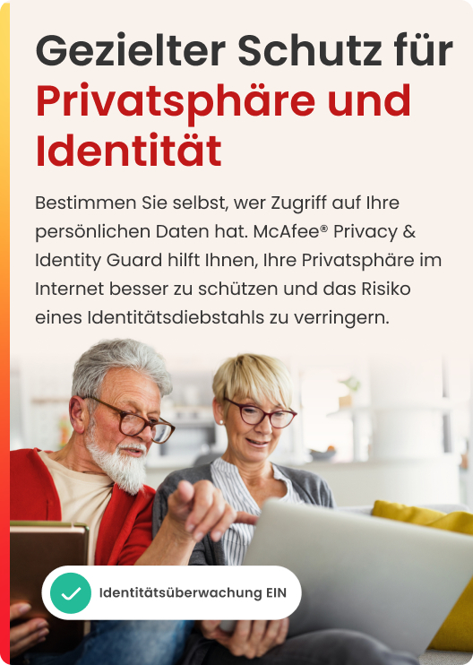 Ein älteres Ehepaar, das einen Laptop betrachtet. Text: Datenschutz und Identitätsschutz, McAfee-Logo.