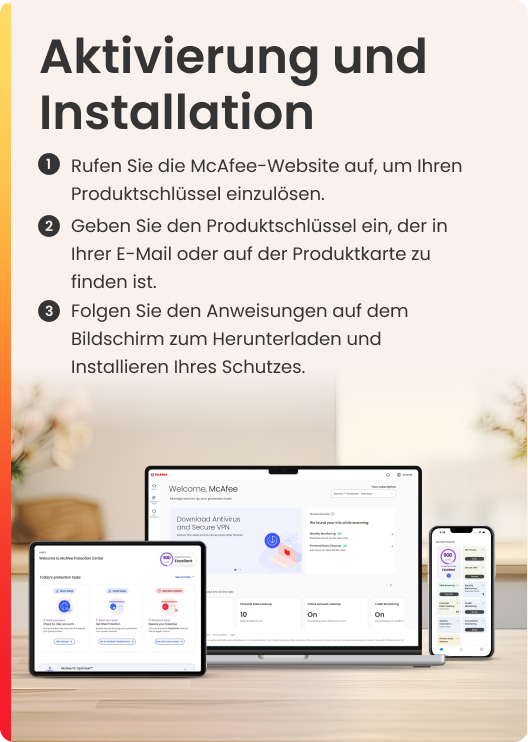 Bildschirme zeigen die McAfee-Software-Installationsschritte: Website, Produktschlüssel und Installation.