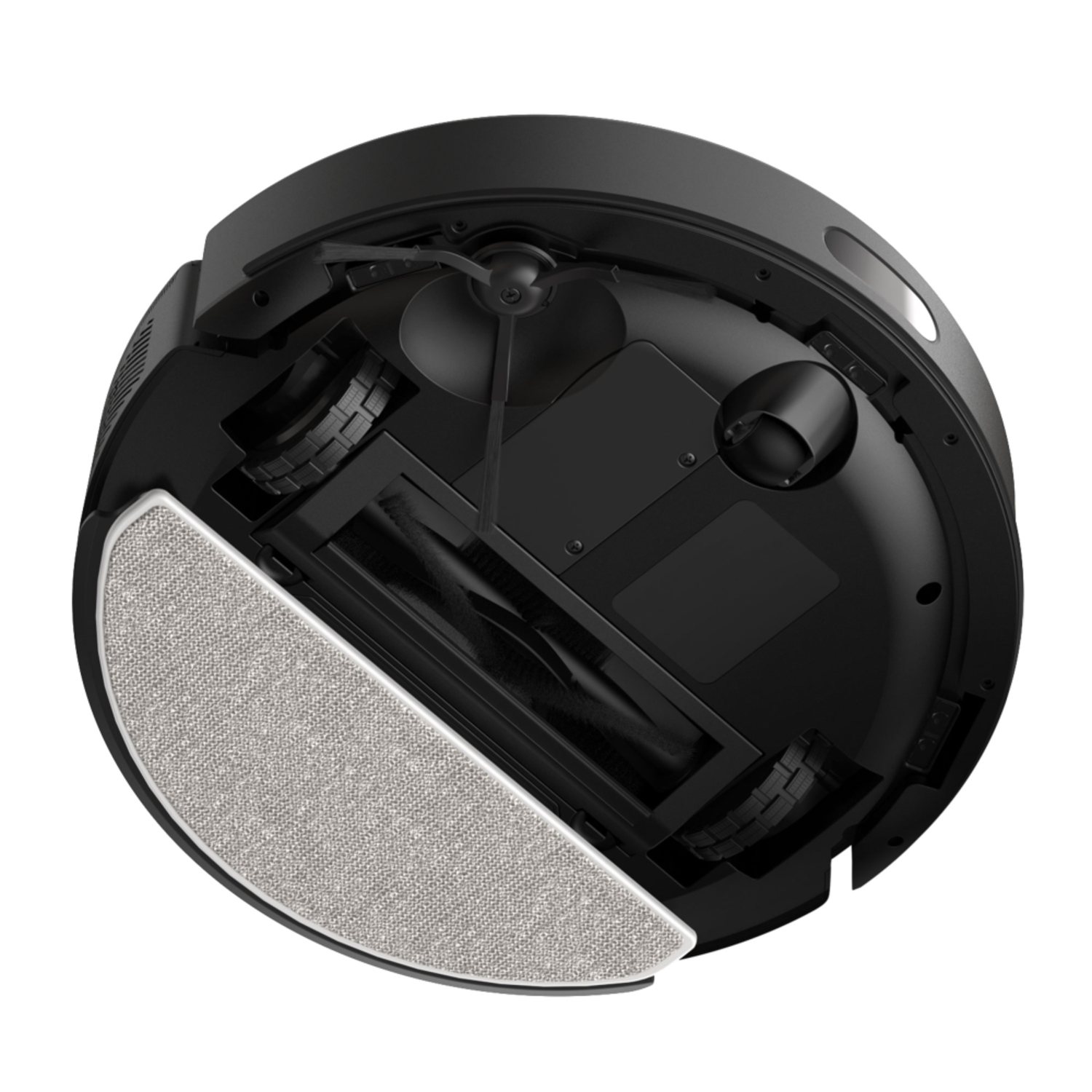 Onder aanzicht van een zwarte robotstofzuiger. Borstel, wielen en oplaadcontacten zijn zichtbaar.