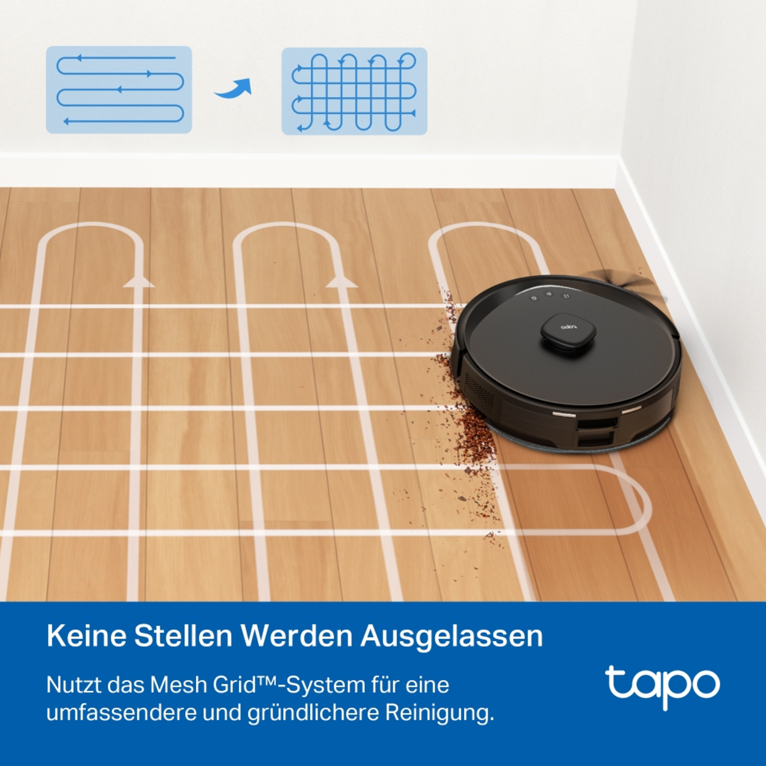 Robotstofzuiger op houten vloer met reinigingspad-afbeelding, Tapo-logo en tekst in het Duits.