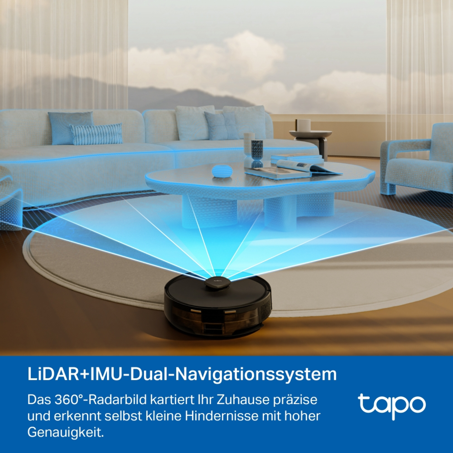 Robotstofzuiger. Blauwe lichtstralen geven het gebied aan dat hij reinigt. Bank en tafel op de achtergrond.