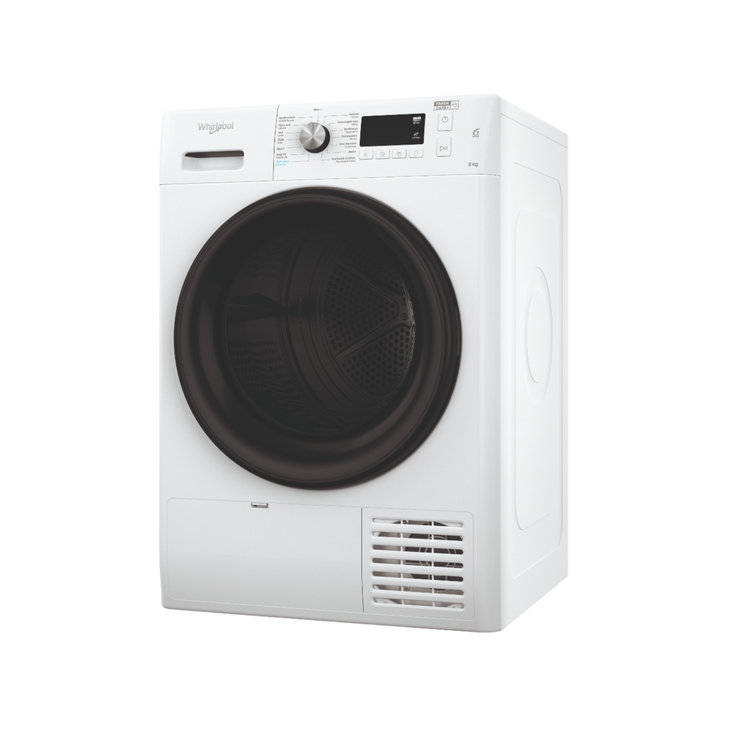 Een witte Whirlpool droger. Hij heeft een zwarte deur en verschillende bedieningsknoppen.