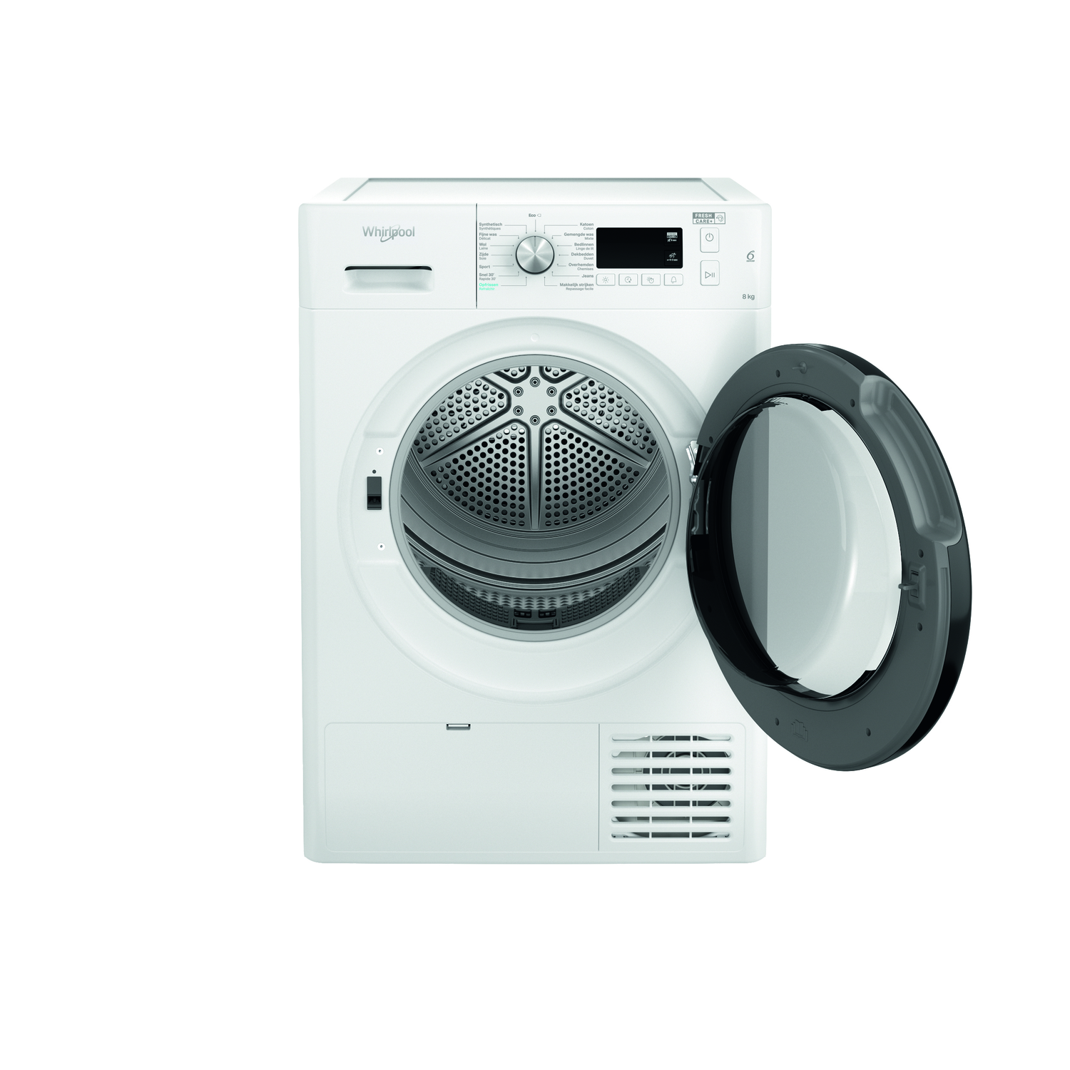 Witte Whirlpool-droger met de deur open.