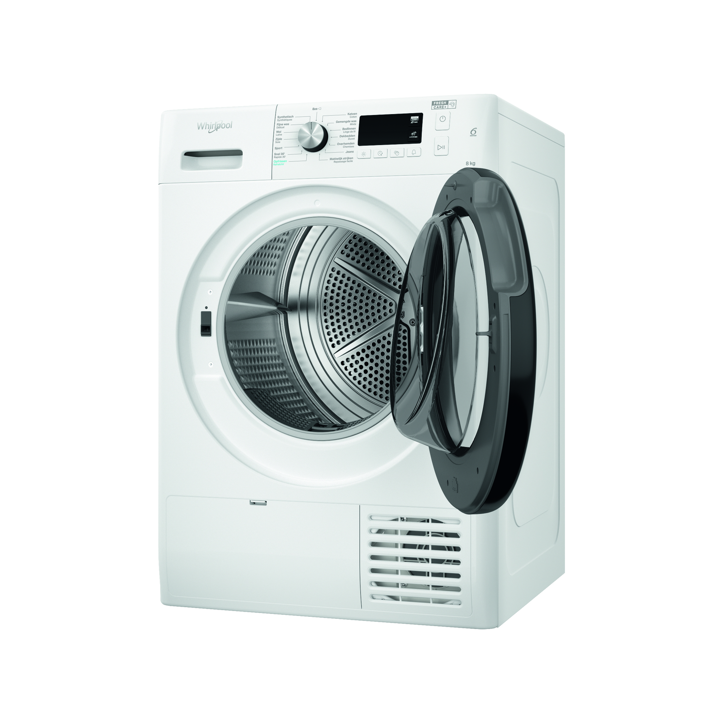 Een witte wasmachine met de deur open, die de binnentrommel onthult. Geïsoleerd op wit.