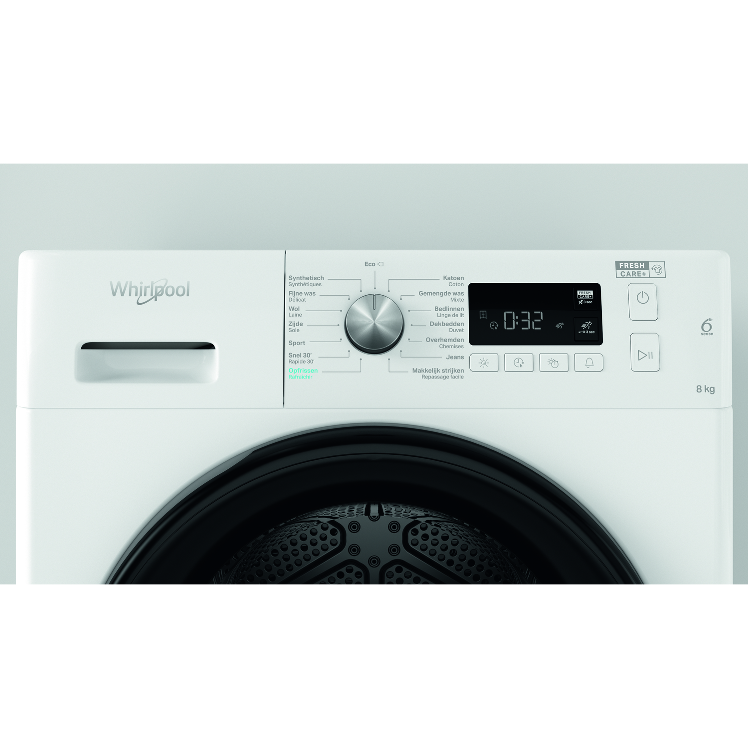 Close-up van het bedieningspaneel van een witte Whirlpool wasmachine, met meerdere knoppen.