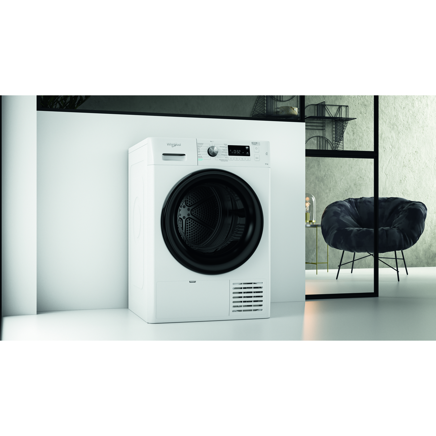 Witte Whirlpool-droger. Vooraanzicht toont een zwarte deur en bedieningspaneel, in een kamer.