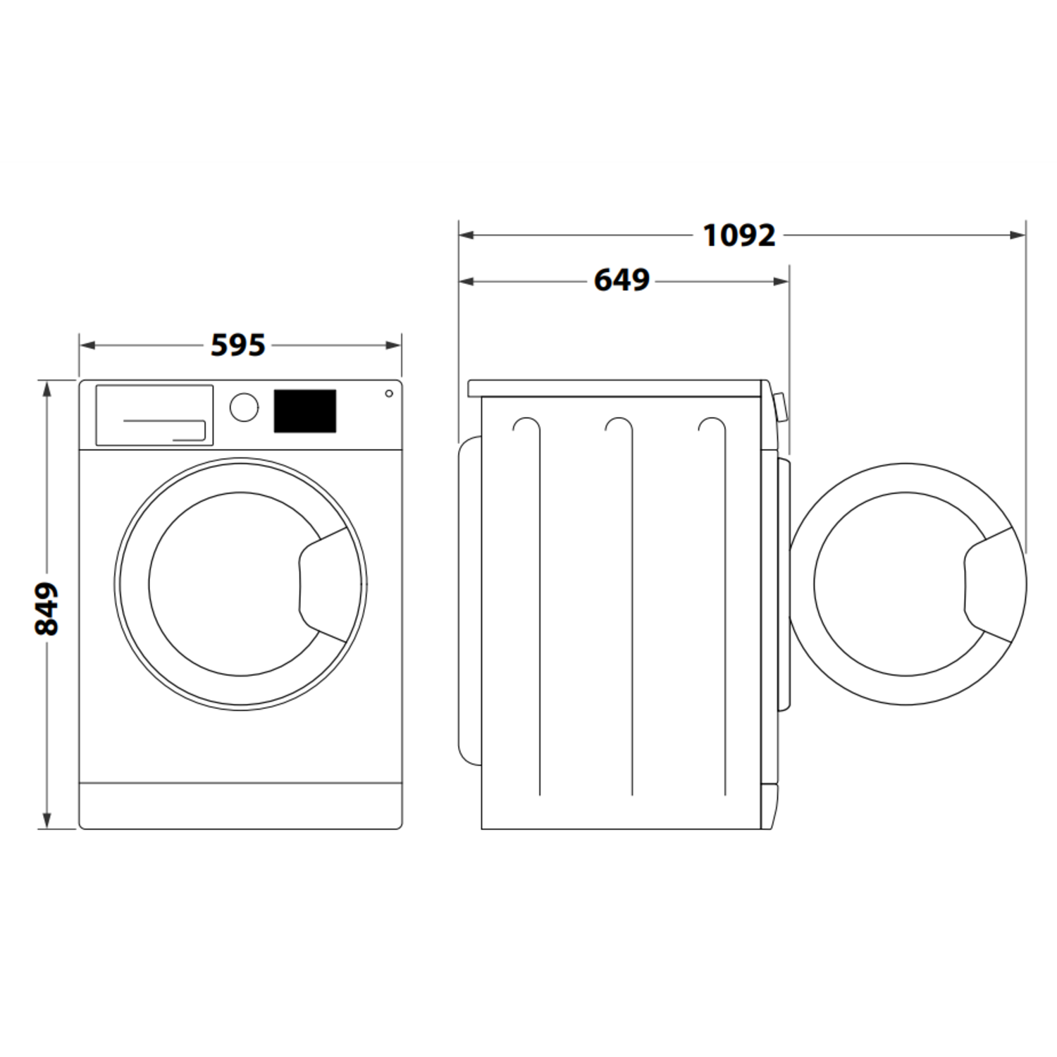 Lijntekening van een wasmachine vanuit drie hoeken, met afmetingen in mm.