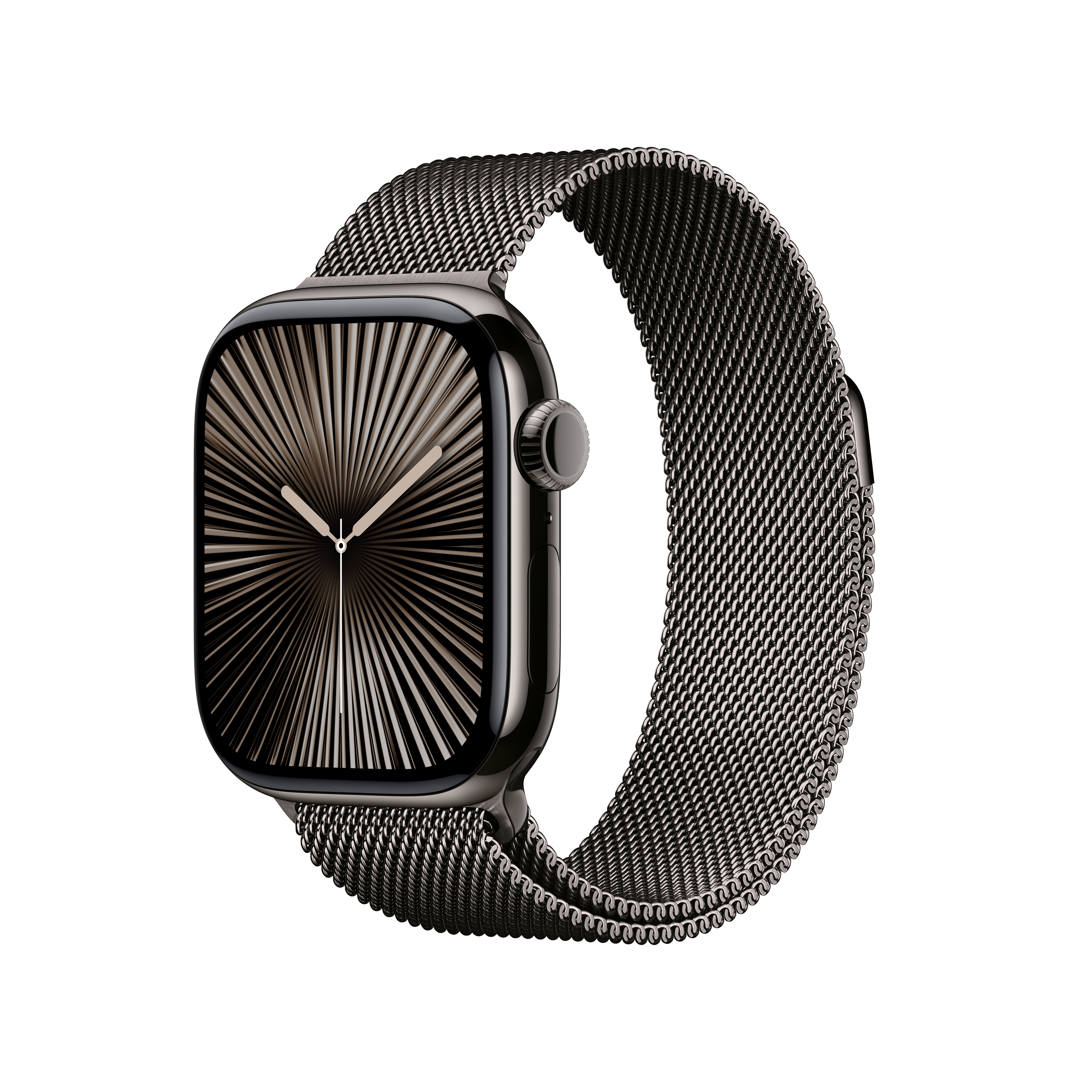 Apple Watch negra con correa oscura. La esfera muestra un diseño radial.