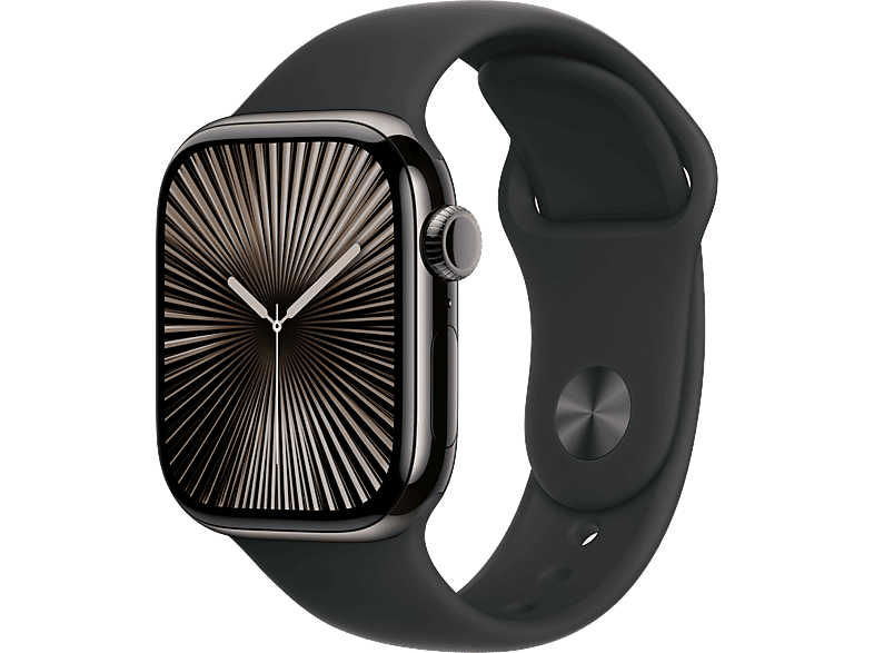 Apple Watch Series 10 (2024), GPS + Cellular, 42 mm, Gesto de doble toque, Caja titanio Pizarra, Correa deportiva Negra, Talla M/L