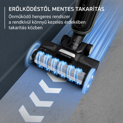 Porszívófej, amely egy padlón mozog. Kék fények és nyilak jelzik a tisztítás irányát. Szöveg: ERLKÖDÉSTŐL MENTES TAKARÍTÁS.