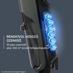 A porszívó közeli képe kék lámpákkal és magyar nyelvű szöveggel.