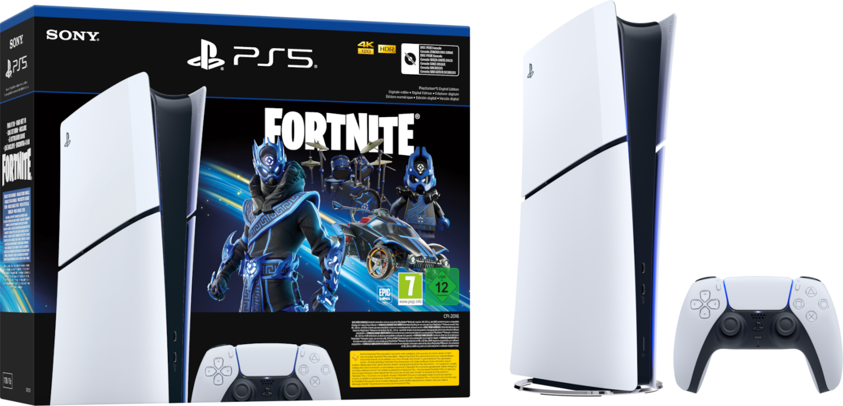 PlayStation 5 Fortnite csomag. A doboz és a konzol fekete-fehér. A kontroller fehér.