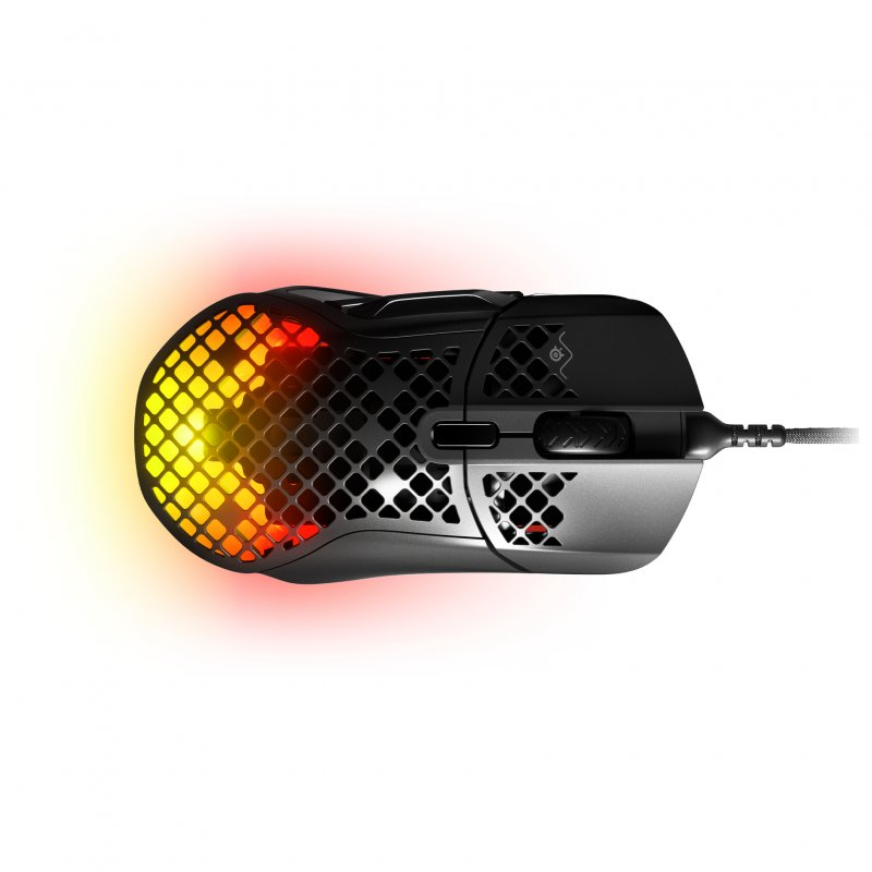 Ratón gaming negro con luz naranja y amarilla, con cable negro. Vista superior.