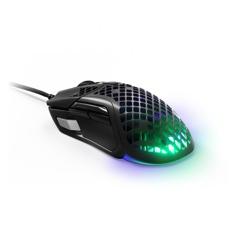 Ratón gaming negro con diseño de panal, iluminación RGB y cable conectado.