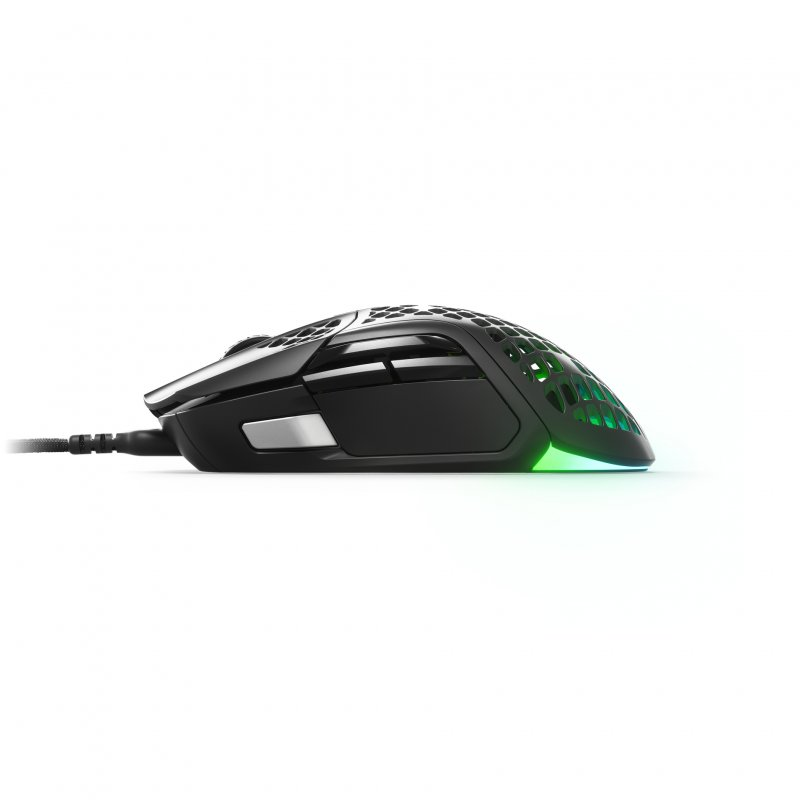 Ratón para juegos negro con diseño de panal y luces verdes.