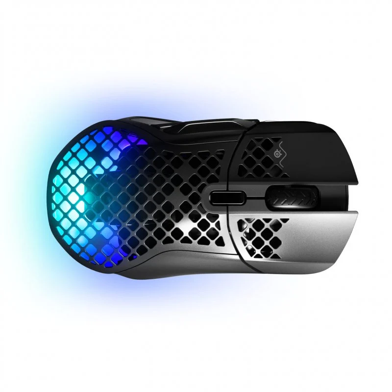 Ratón gaming negro con diseño de panal y luz RGB.