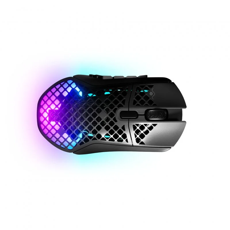 Ratón gaming negro con diseño de panal y luces RGB, visto desde arriba.