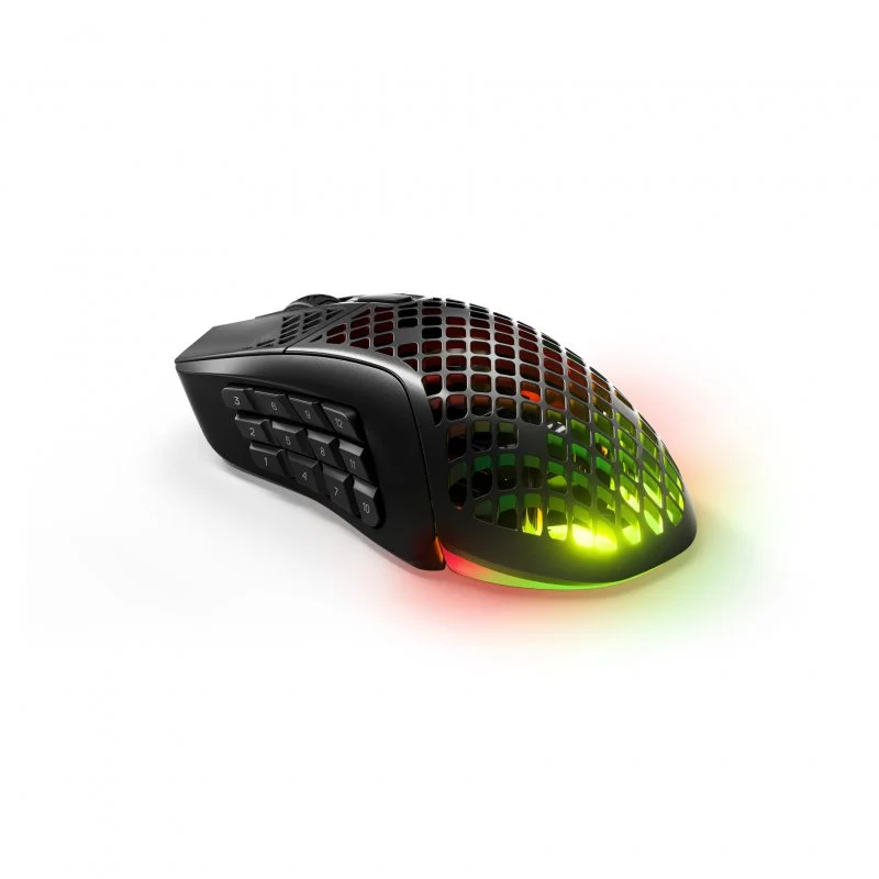Ratón gaming negro con diseño de panal en la parte superior. Iluminación RGB visible. Tiene botones numéricos en el lateral.