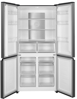 Un refrigerador abierto y vacío con estantes y cajones, visto desde el interior.