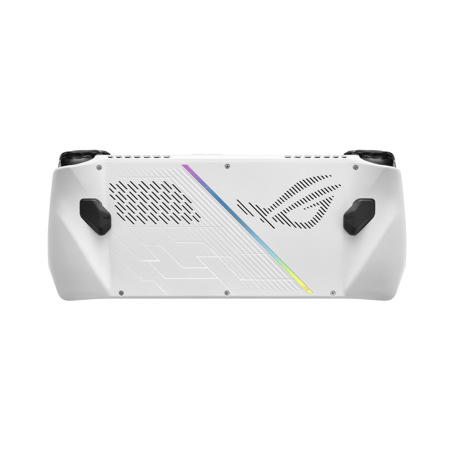 Dispositivo de juego portátil blanco con detalles en negro y una franja colorida.