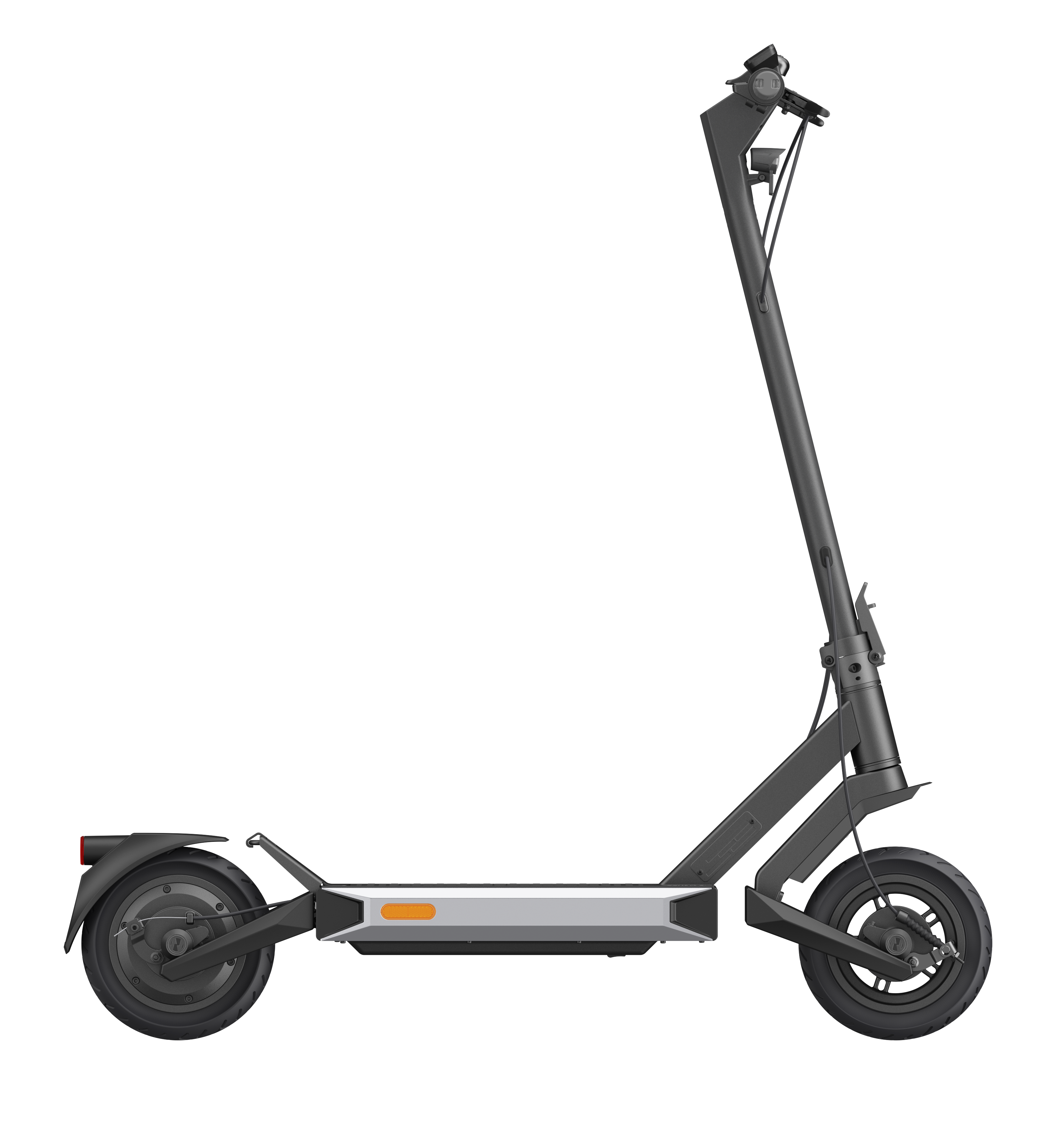 Szürke színű elektromos robogó, a kerekeket és az alsó részt mutatja.
