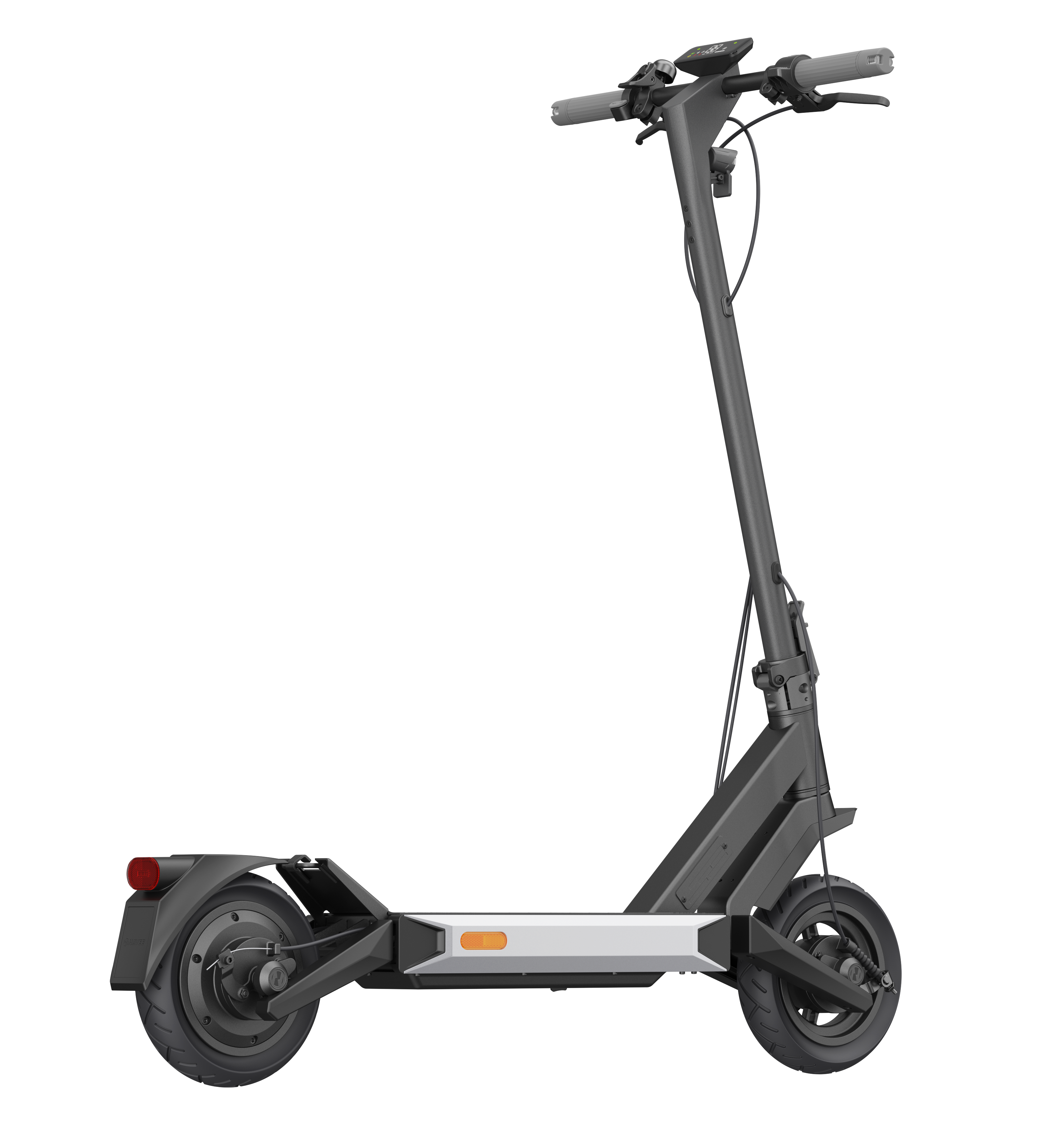 Fekete-szürke elektromos roller fehér akkumulátorral és narancssárga fénnyel.
