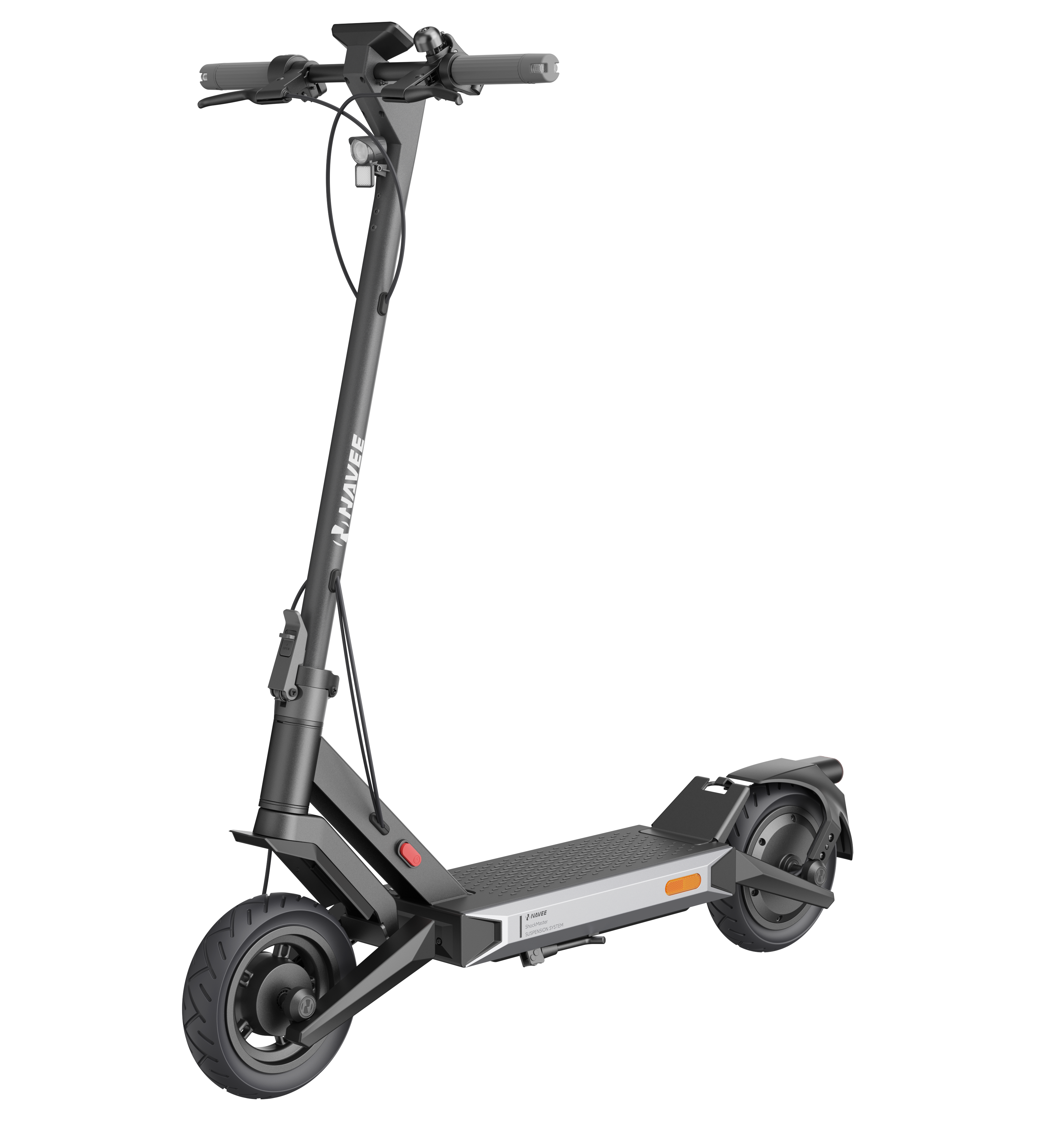 Fekete elektromos robogó ezüst fedélzettel, fekete gumikkal és kormánnyal, fekete háttérrel.