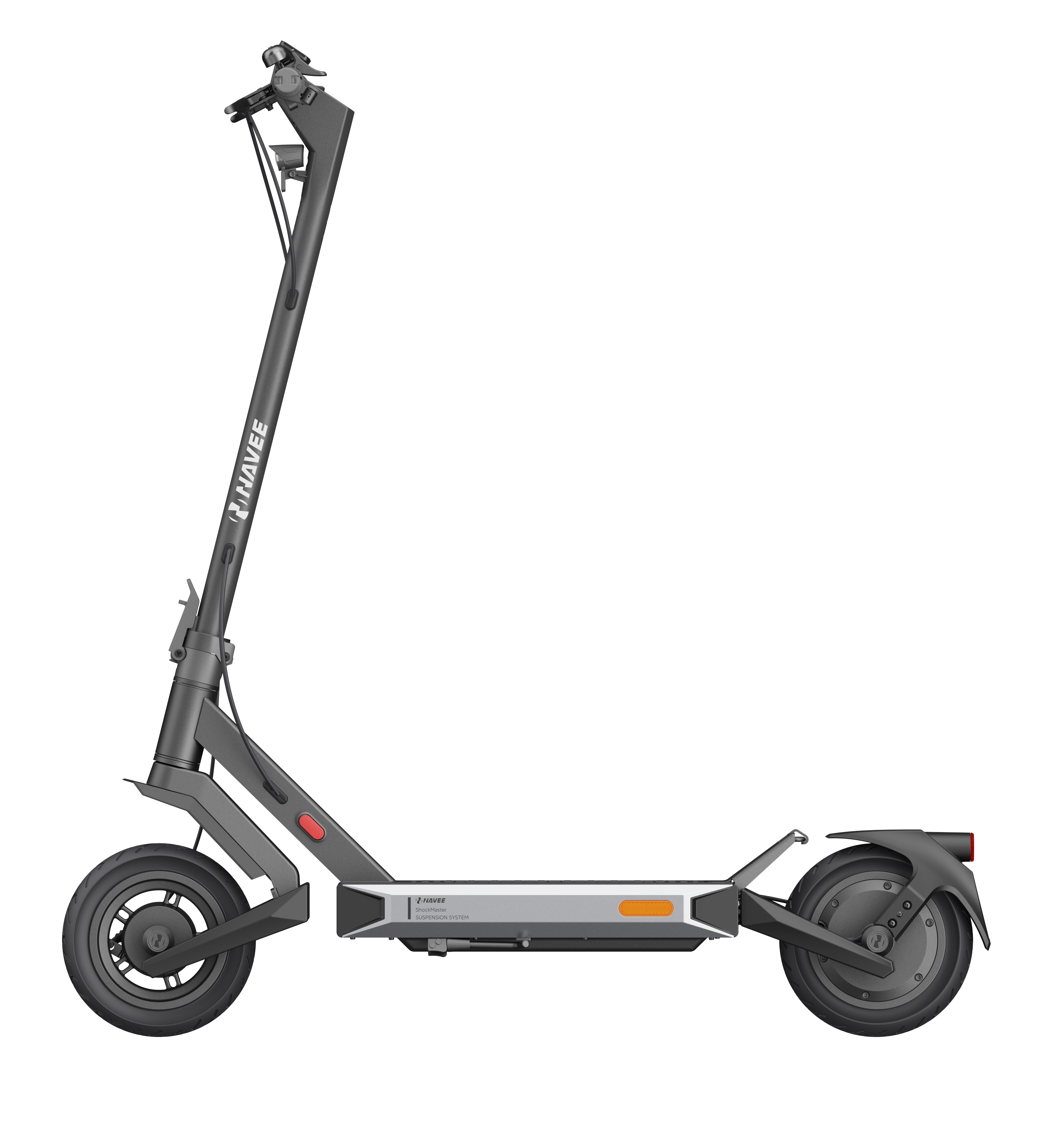 Fekete elektromos roller profilból, szürke vázzal és narancssárga díszítéssel, fekete háttéren.