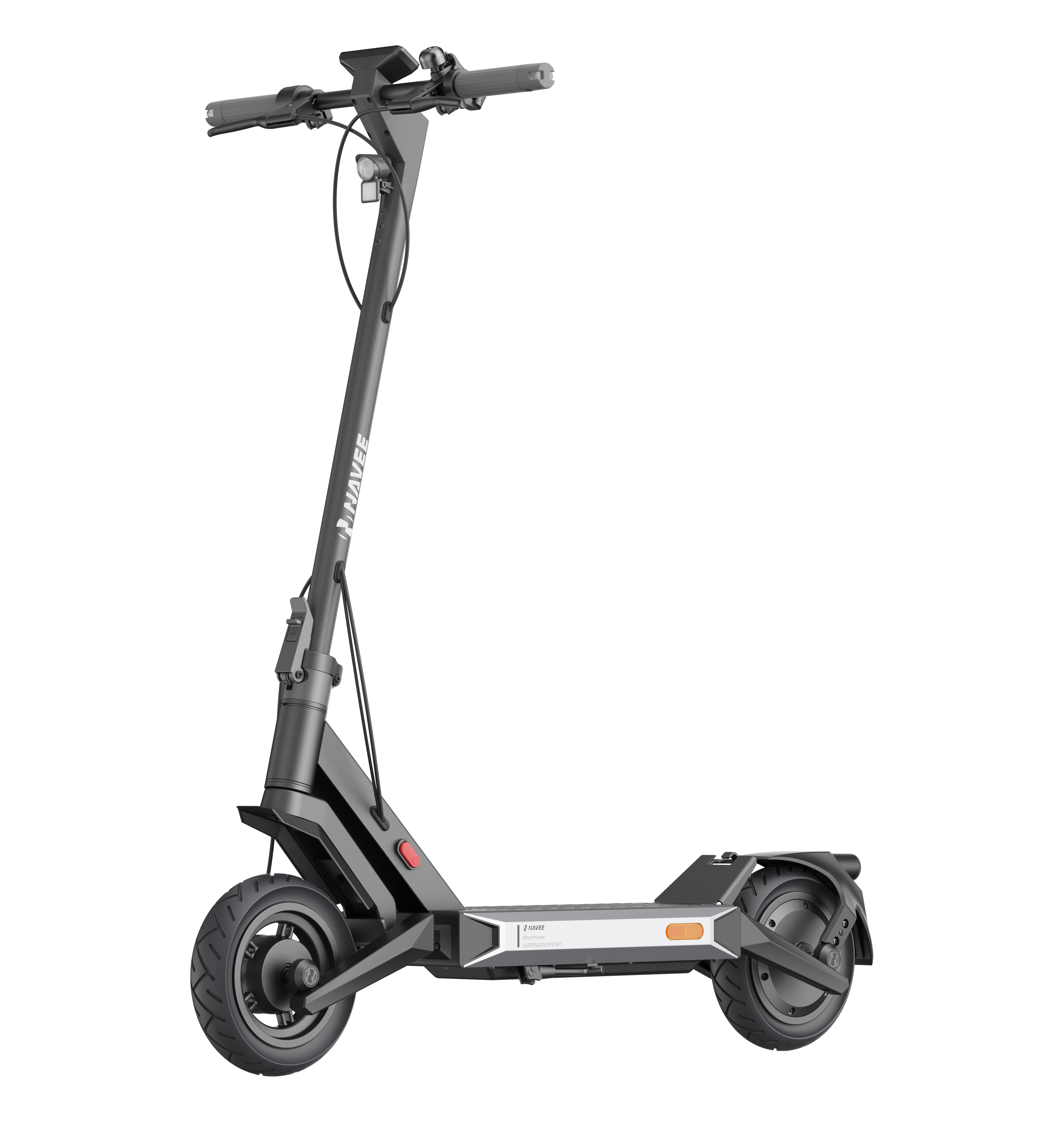 Fekete elektromos roller. Fekete kerekek és váz. Fehér logó. Fekete háttér.