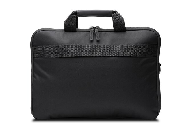 Fekete laptop táska fogantyúval, vállpánttal és cipzárral. A táska fehér háttéren van.