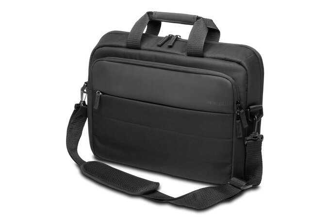 Fekete laptop táska fogantyúval, vállpánttal és elülső zsebbel fehér háttéren.