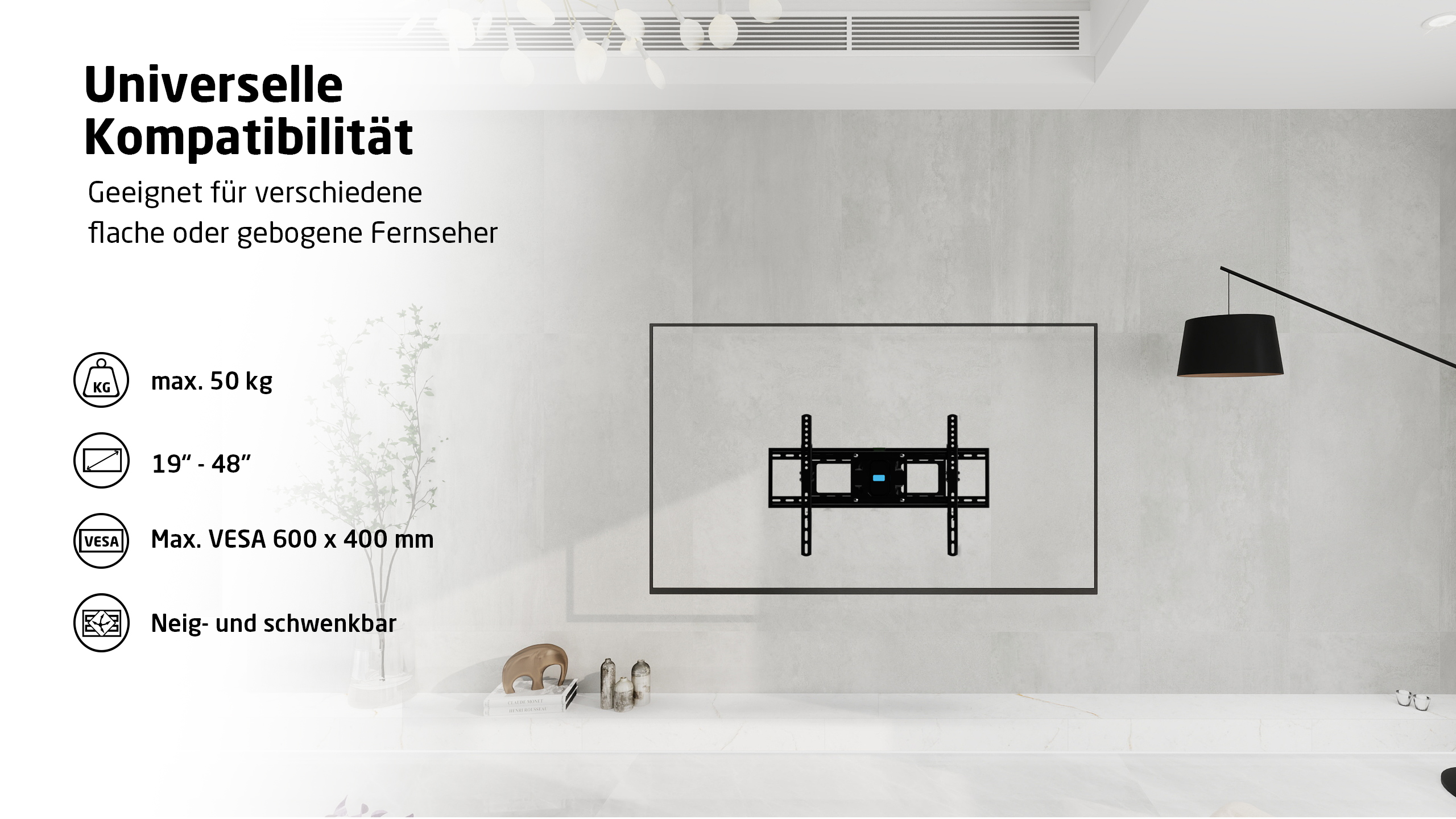 TV sur mur avec support, texte sur la compatibilité, fond blanc et gris.