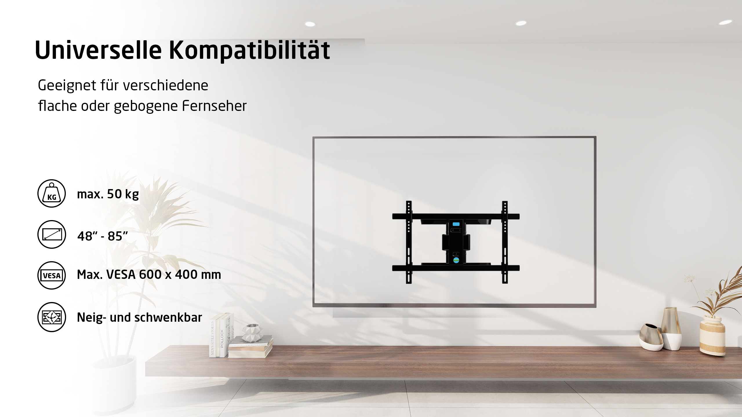 Un téléviseur monté au mur. Compatible avec les téléviseurs plats ou incurvés, jusqu'à 50 kg.