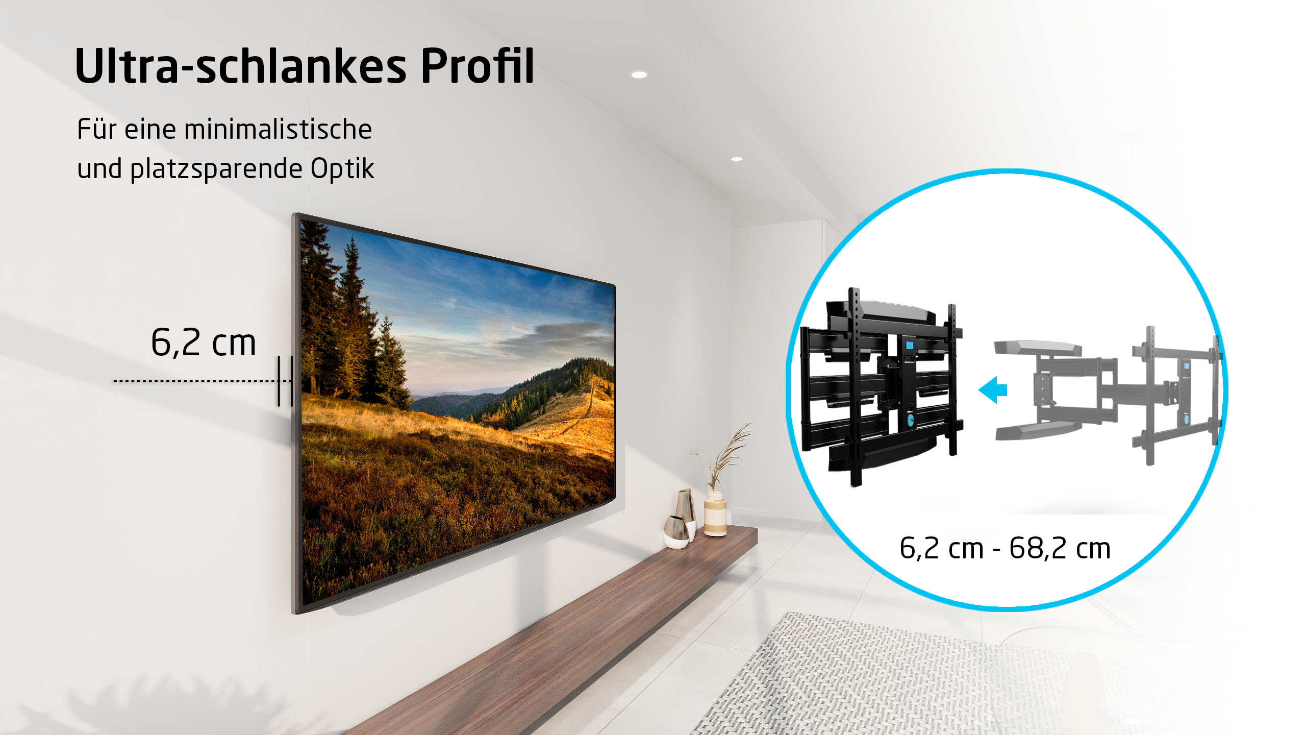 Un téléviseur monté sur un mur, avec un schéma montrant le profil mince et la plage de mouvement du support TV.