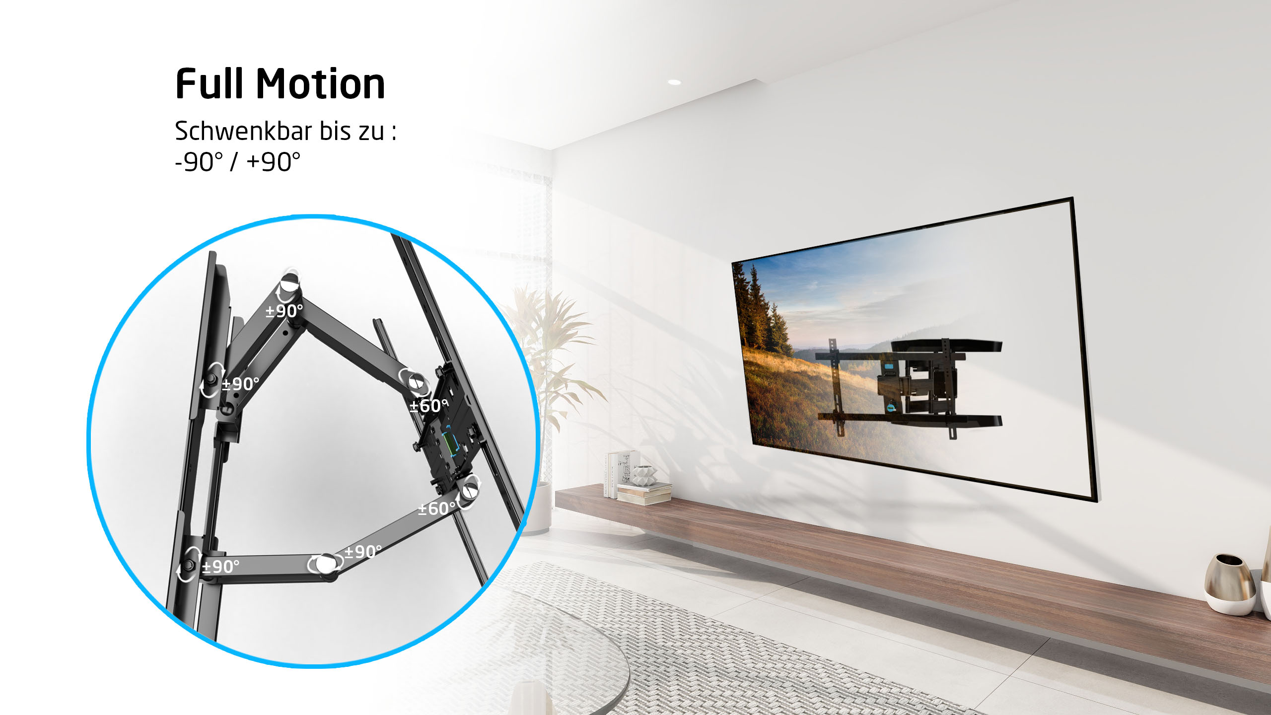 TV sur support mural, mouvement complet, pivotant à -90°/+90°. Un schéma montre la flexibilité.