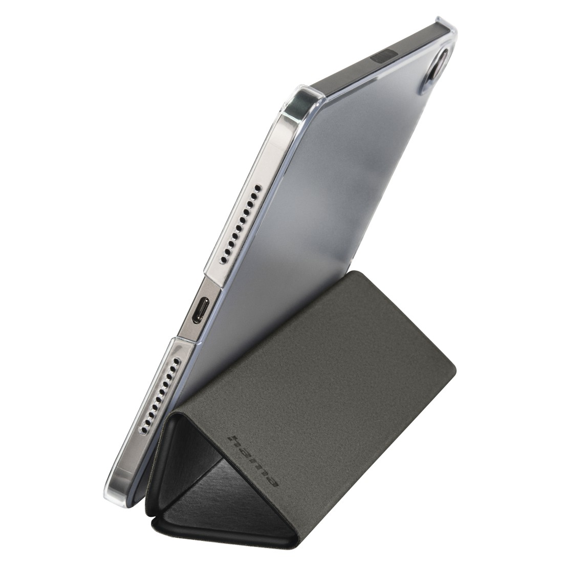 Tablet mit grauem Case auf einem Dreiecksständer. Weißer Hintergrund.