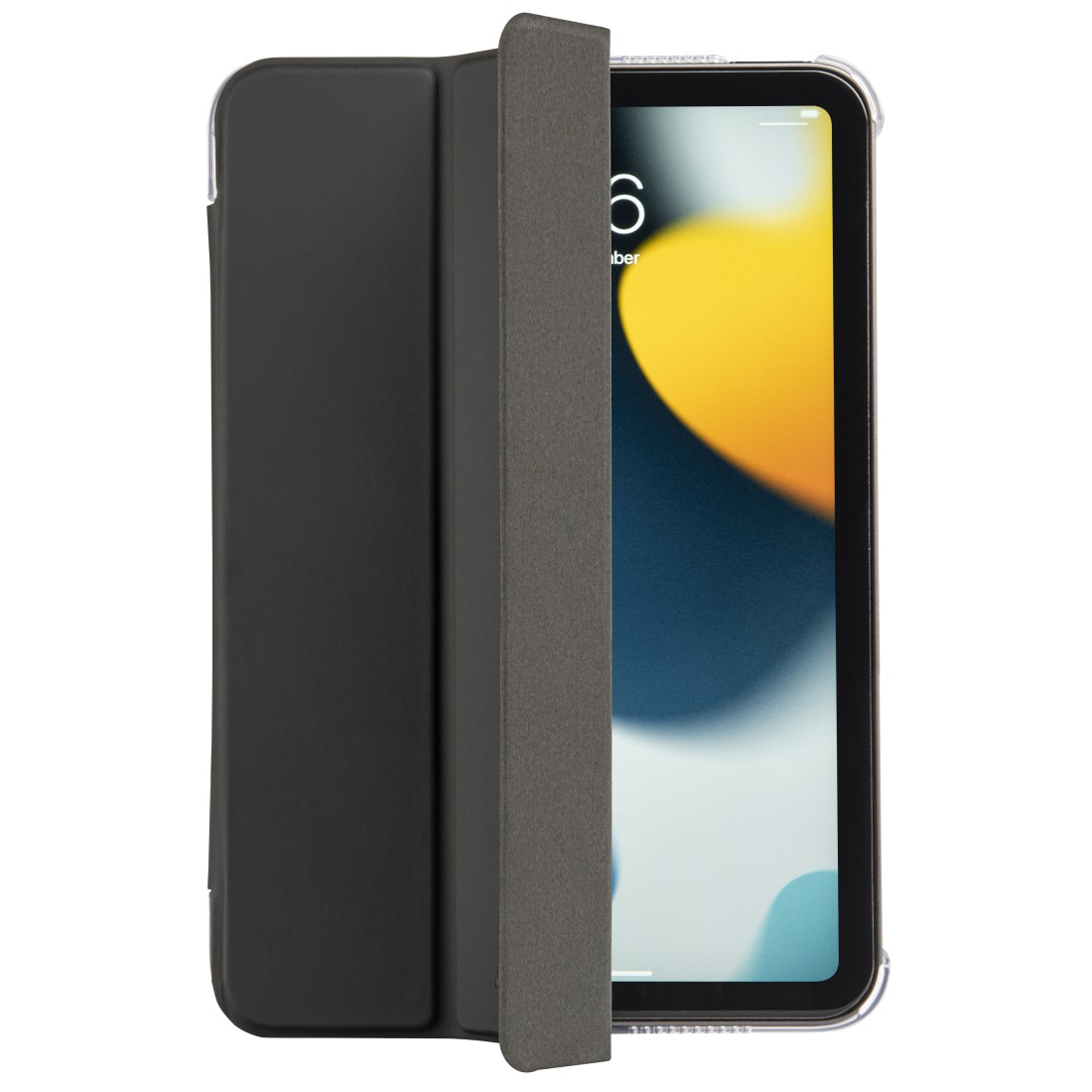 Schwarzes iPad mini mit Hülle. Die Hülle ist geöffnet und zeigt den Bildschirm.