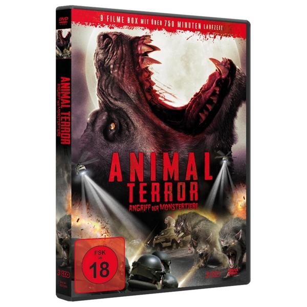 Animal Terror DVD-Cover. Riesiges hundeartiges Wesen mit Zähnen. Dunkle Szene, FSK 18 Bewertung.