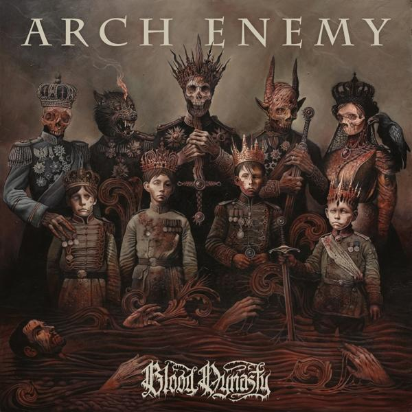 Albumcover toont figuren met kronen en donkere kleding, titel: Arch Enemy, Blood Dynasty.