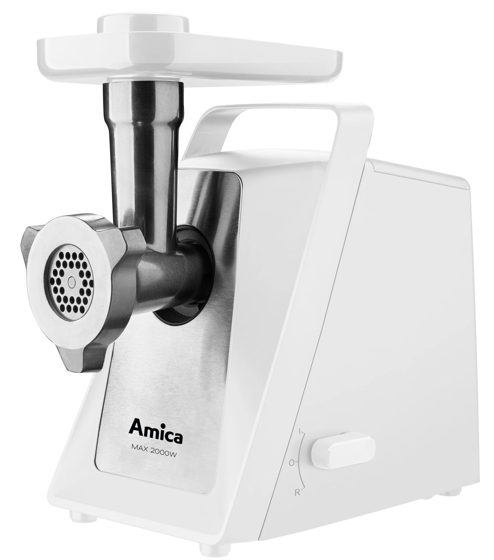 Biała maszynka do mięsa Amica, stal nierdzewna i biały uchwyt.
