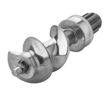 Metalowa śruba ślimakowa na białym tle. Ma spiralne ostrza i sześciokątną główkę.