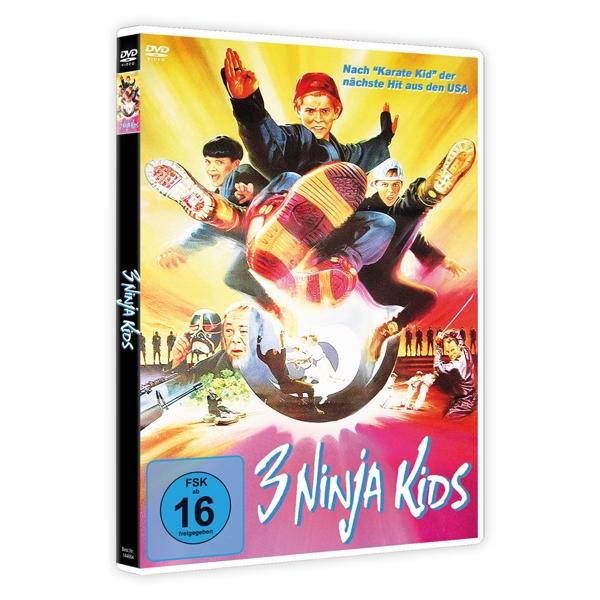 DVD-Hülle mit Filmplakat mit drei Ninja-Kindern in Aktion, mit farbenfrohem Hintergrund.