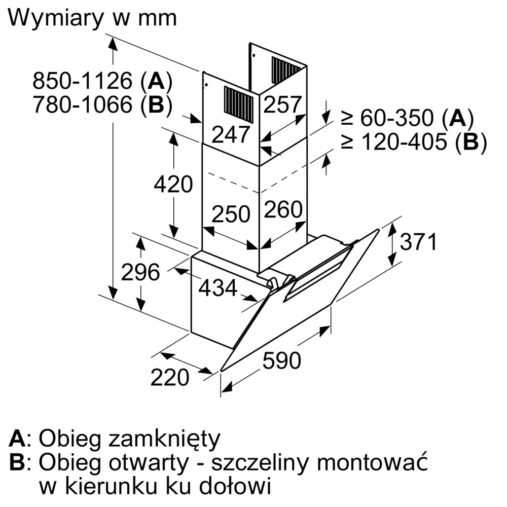 Schemat okapu kuchennego z wymiarami w milimetrach, oznaczony jako A i B.