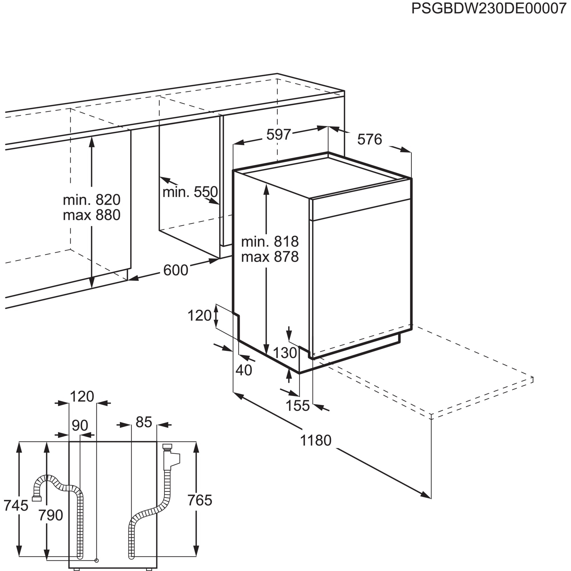 Diagramm eines Einbaugeschirrspülers, Abmessungen und Installationsdetails werden gezeigt.
