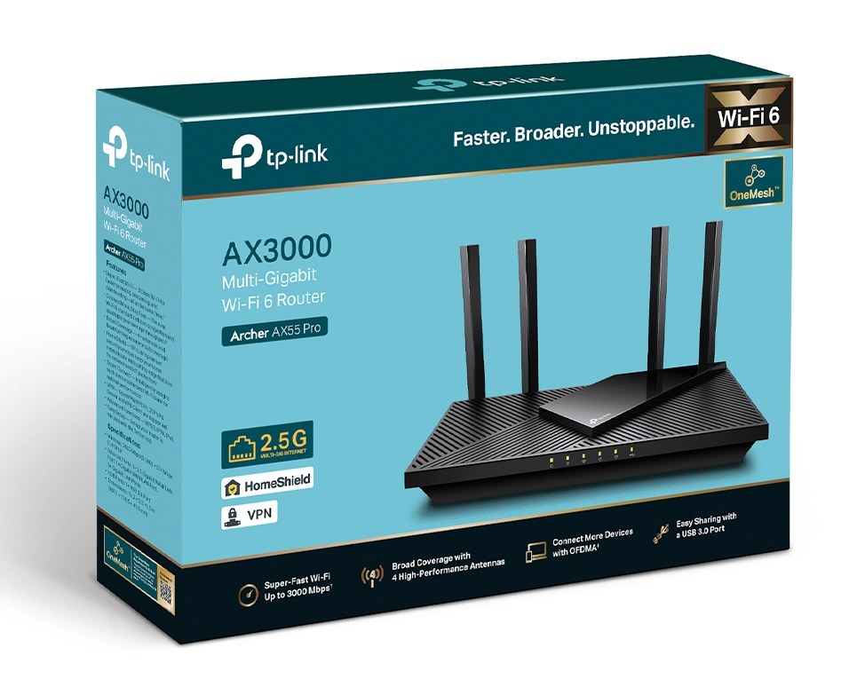 Router TP-Link Wi-Fi 6 w pudełku. Jest czarny z antenami.