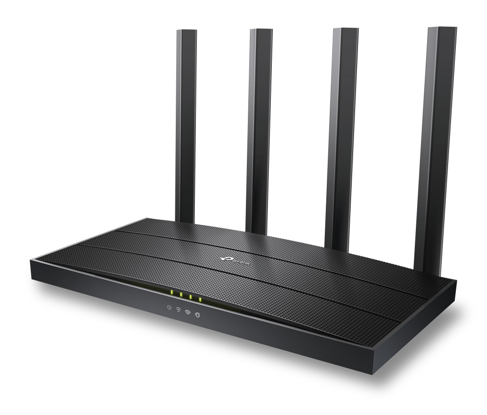 Czarny router TP-Link z czterema antenami i zielonymi światłami.